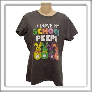 Peeps Women Teacher Gray Fitted T-shirt I LOVE MY SCHOOL PEEPS Easter Size Large